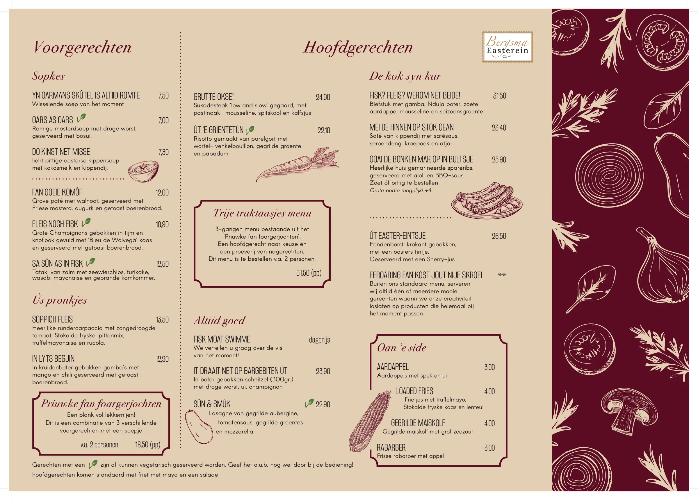 Dinerkaart van Bergsma Easterein in Friesland — voor- en hoofdgerechten, friese specialiteiten en bijgerechten
